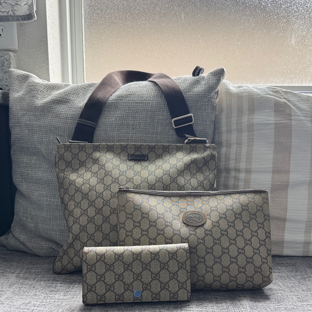Gucci Beige and Brown Monogram Messenger Bag, Clutch, & Wallet Set